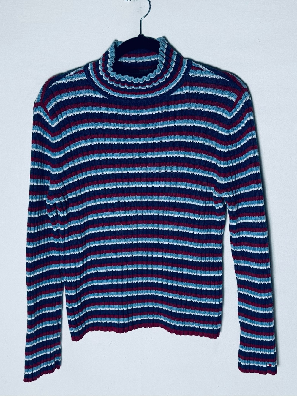 Vintage Y2K Tommy Hilfiger Jeans Red Wht Blue Striped Knit Mock Neck Sweater XL